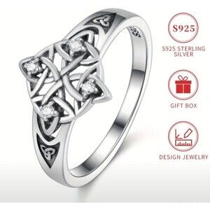 S925 Pure Silvery Celtic Knot Ring with Inlay Synthetic Zirconia Size 7